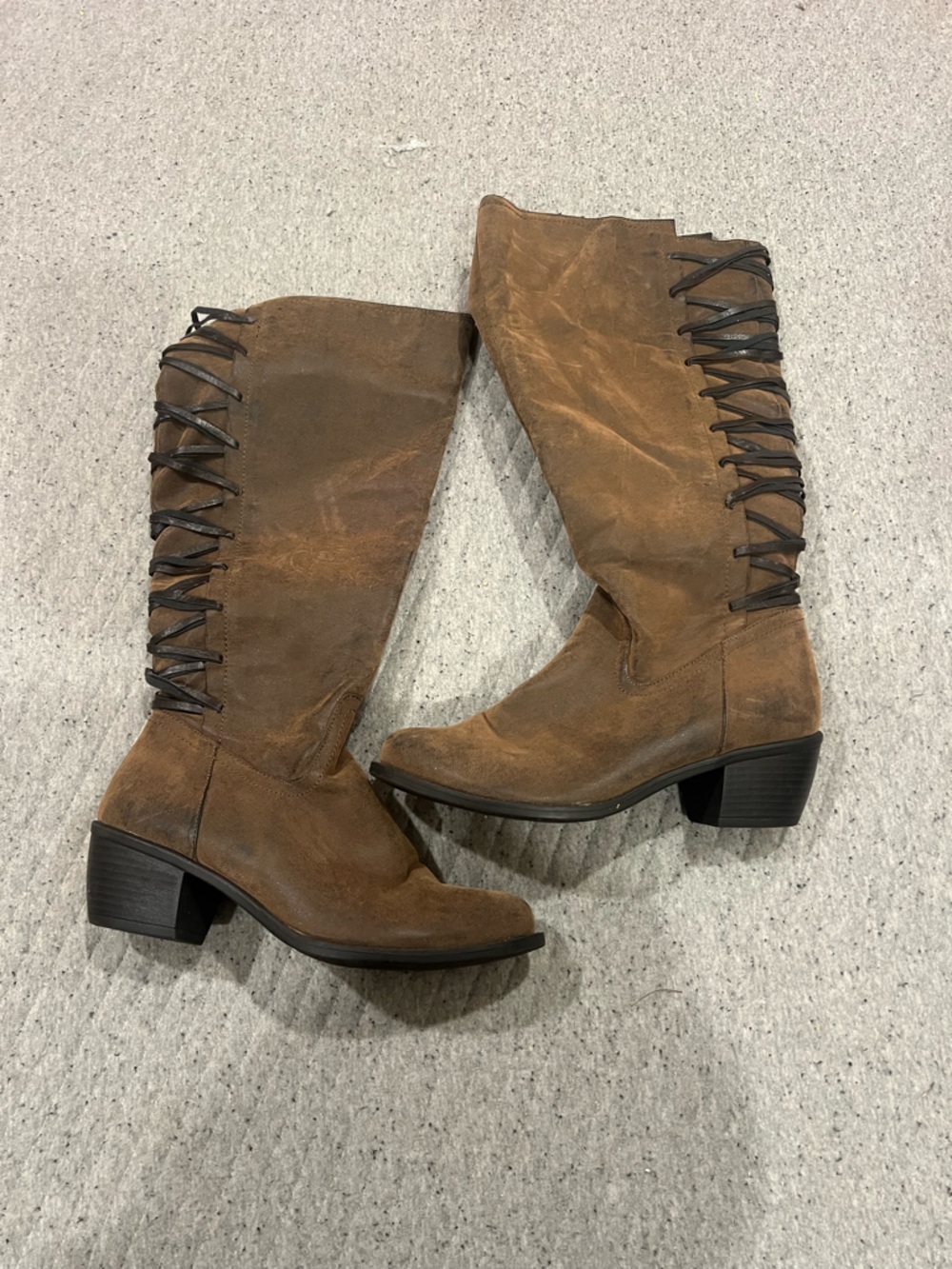 Brown Suede Mid-Heel Knee-High Lace-Up Women's Boots